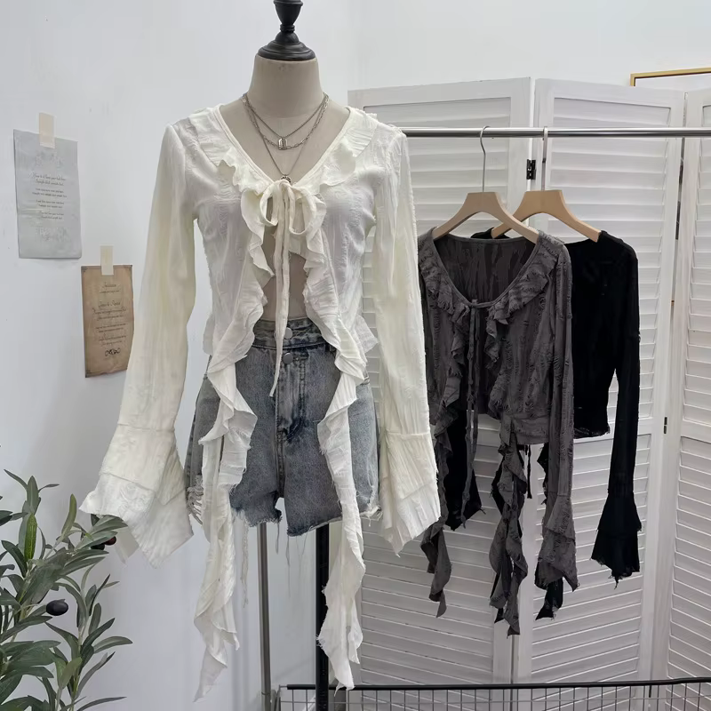 ISAROSE Wasteland Style Cardigan pour femmes Punk printemps automne couleur unie évasé manches longues avant à lacets à volants déchiré hauts
