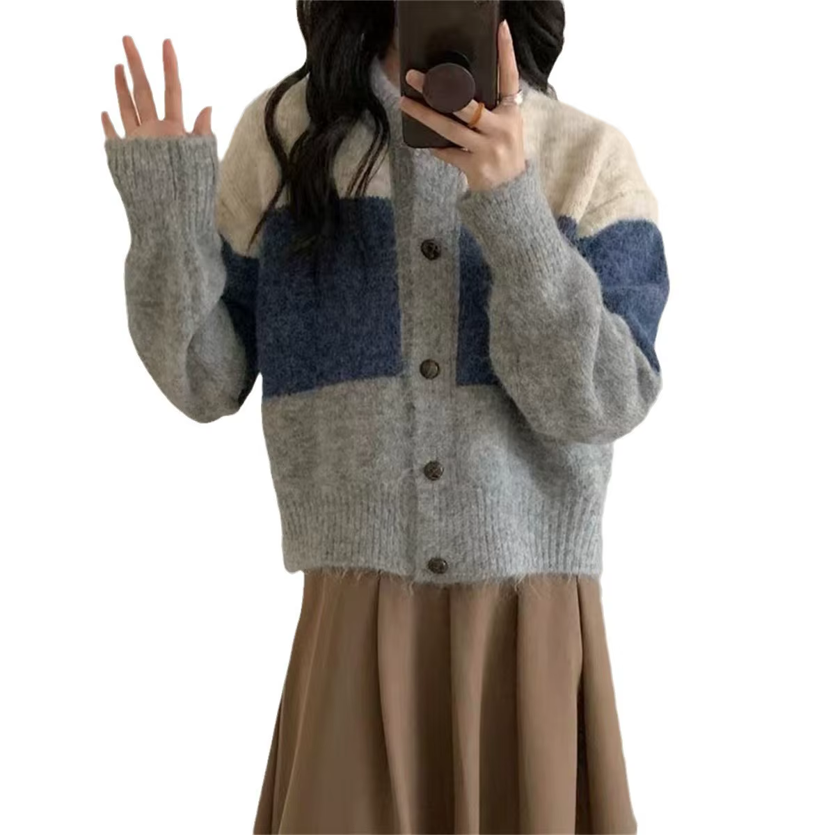 Manteau pull rayé à blocs de couleurs