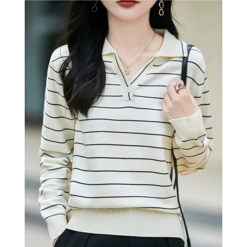 Pull à manches longues et col rayé de Style français pour femmes