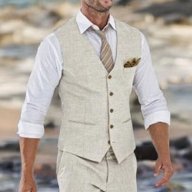 Gilet de costume en lin Beige pour hommes, gilet une pièce de plage d'été de mariage, col en V, coût de la mode masculine