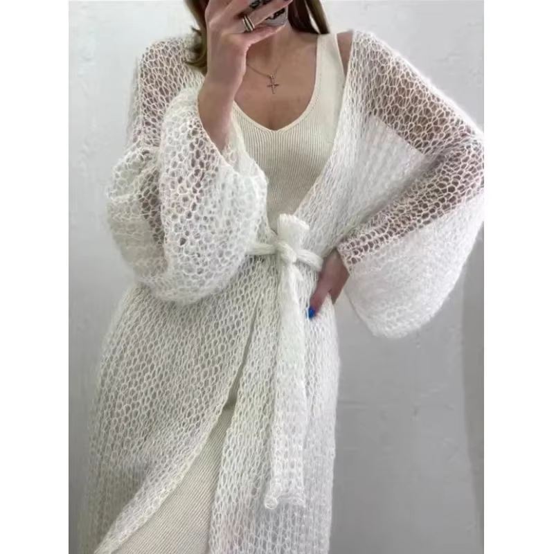 Cardigan en tricot pour femme, style ouvert, avec poches avant, couleur unie, coupe longue et ample, pour l'automne et l'hiver