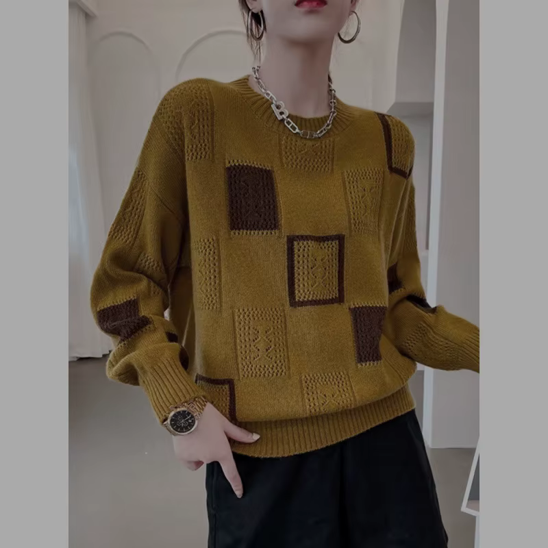 Vêtements pour femmes Vintage géométrique Patchwork tricoté pull décontracté Streetwear hauts pullover à manches longues T-Shirts sur mesure