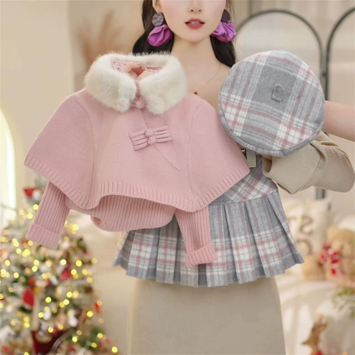 Ensemble de pulls pour filles 2026 Automne Hiver Nouveau Pull en tricot à col montant polyvalent pour bébé chaud Haut de base Jupe à carreaux Ensemble deux pièces