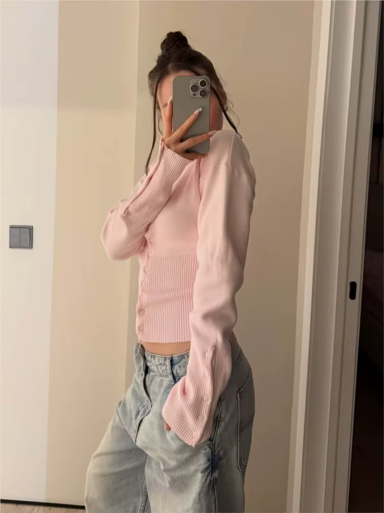 Cardigan tricoté à manches longues en coton torsadé rose pour femmes