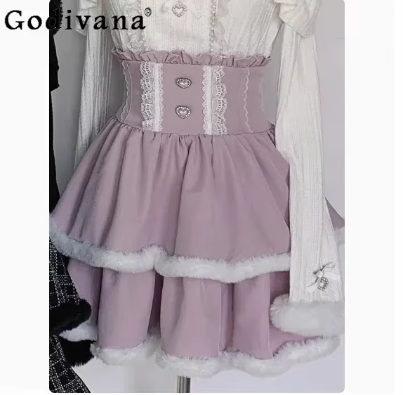 Style japonais Mine série Production de masse chandails dames haut Lolita femmes taille haute jupe à carreaux noire automne et hiver nouveau
