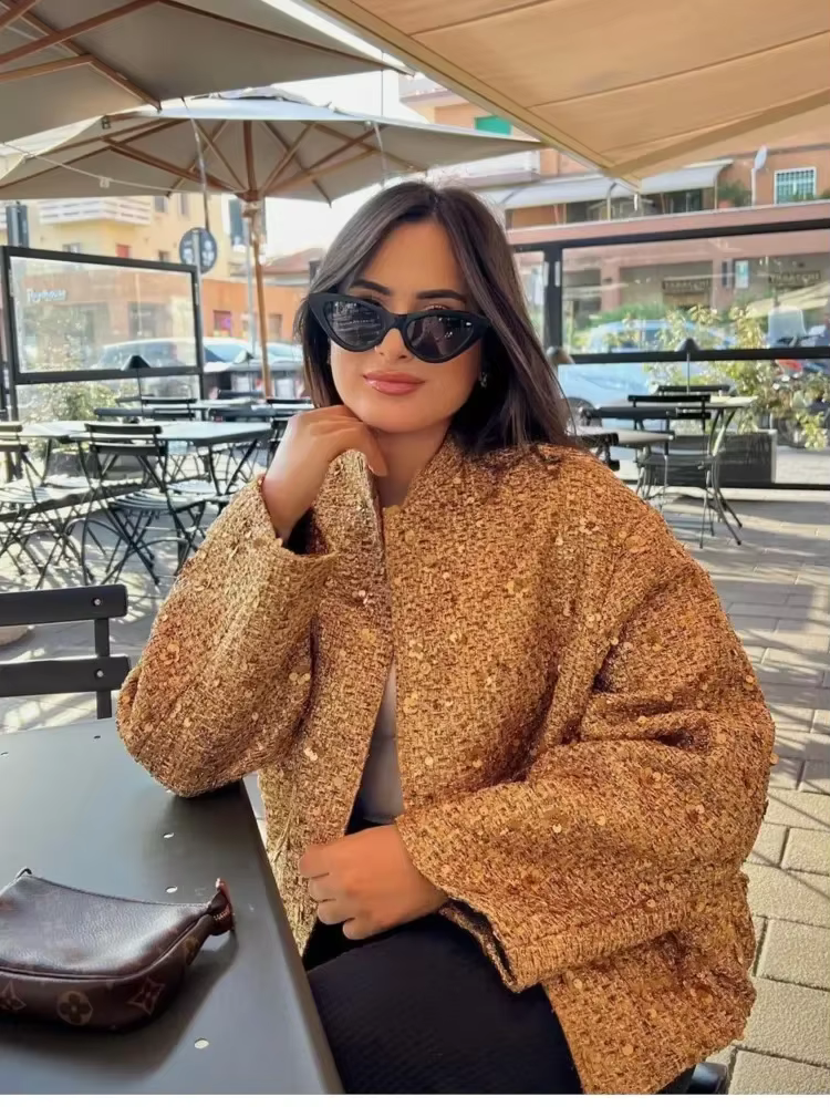 Veste élégante à col rond doré à paillettes pour femmes