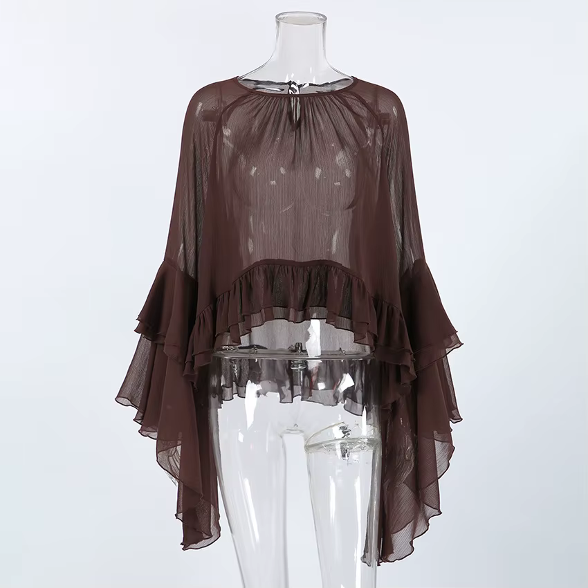 Chemisiers à volants pour femmes, style bohème, en mousseline fluide à manches cloche, transparents et sexy, avec ourlet à volants