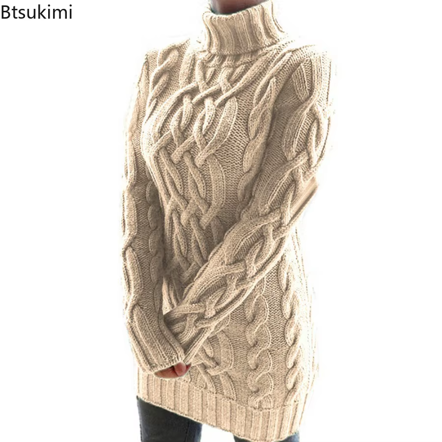 Femmes pull à col roulé nouveau automne hiver épaissir à manches longues tricoté rétro longueur moyenne chandails dames