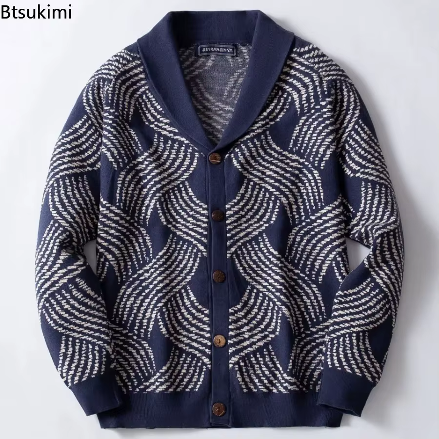Pulls en tricot jacquard rétro pour hommes, printemps-automne, coupe ample, décontractés, avec boutons, cardigan en tricot, hauts pour hommes, pulls de soirée pour hommes