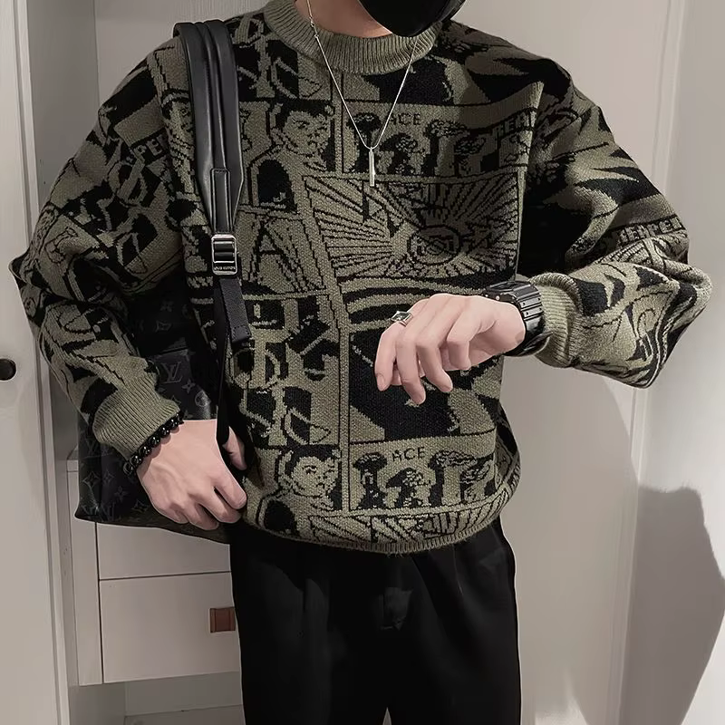 Pull à fleurs pour hommes, chemise à bascule tendance à manches longues, pull tricoté à la mode personnalisé, printemps et automne