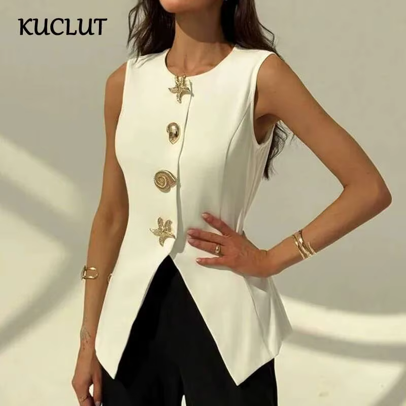 KUCLUT 2025 nouvelle mode col en v simple boutonnage gilet pour les femmes élégant polyvalent taille fendue conception débardeurs femme 1A674