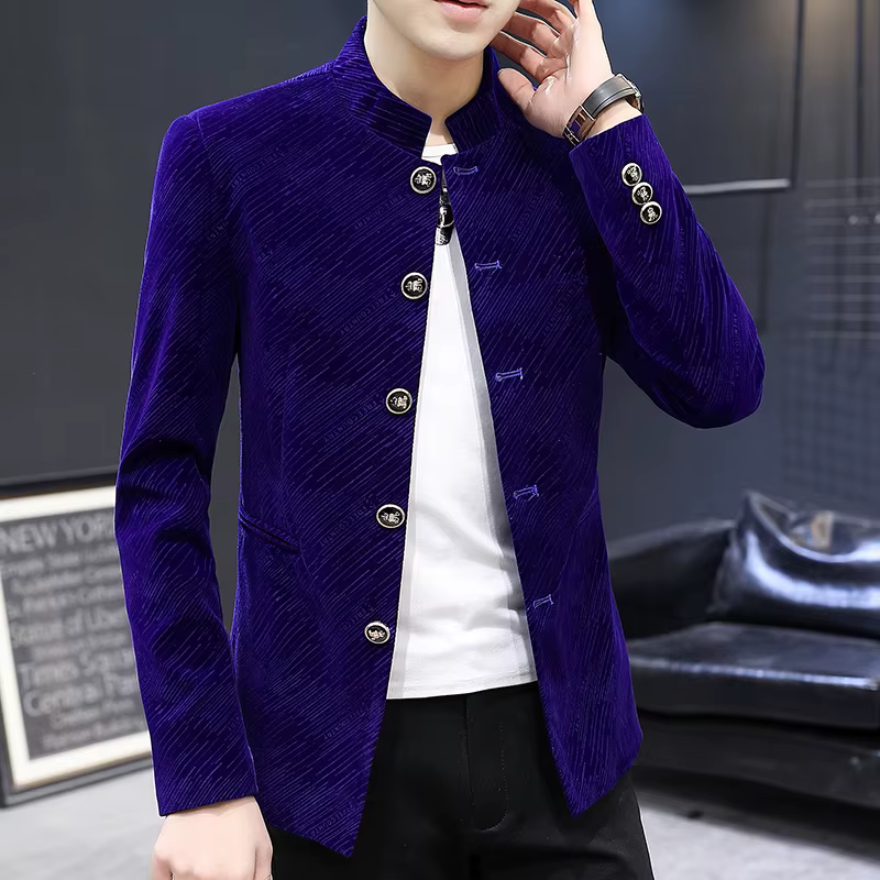 Veste de costume en velours rétro de luxe pour hommes, mode Slim Fit col montant, Blazer Masculino décontracté, vêtements de cérémonie, manteau