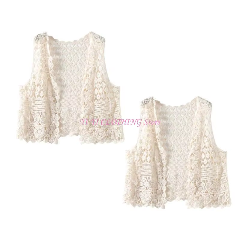 Gilet cardigan court sans manches en crochet pour femme