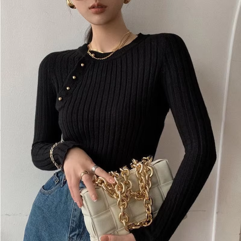 Pull vintage revisité pour femmes, chandail mince en coton acétate polyester, style bureau dame, automne hiver, longueur ample, détails bouton, couleurs variées, pour les occasions spéciales