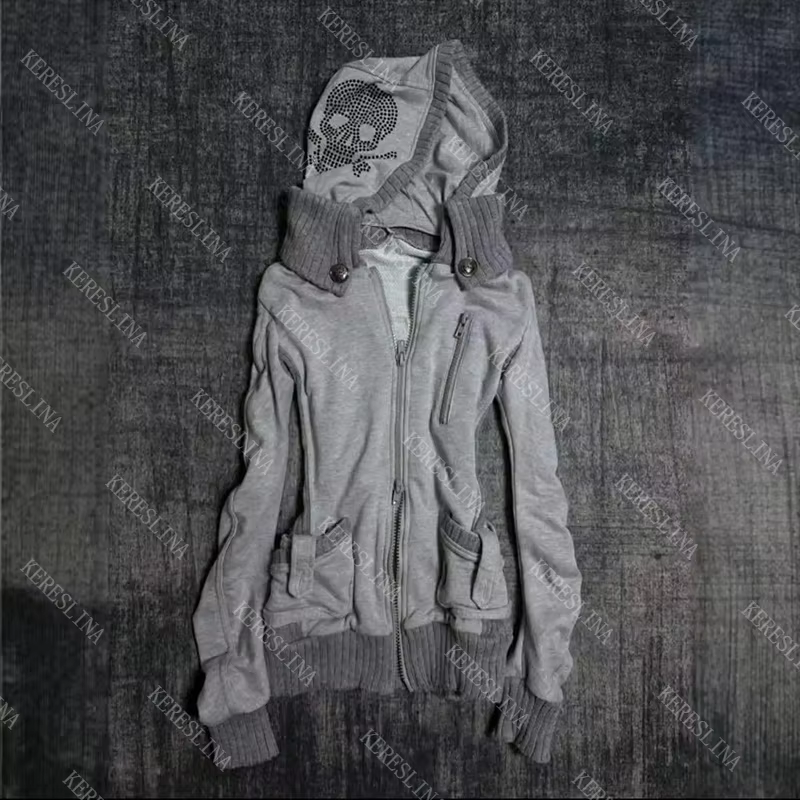 Veste de mode féminine mince année 2000 esthétique Harajuku chaude fille mode américaine rétro Y2K rue hip hop rock veste polyester élasthanne à capuche
