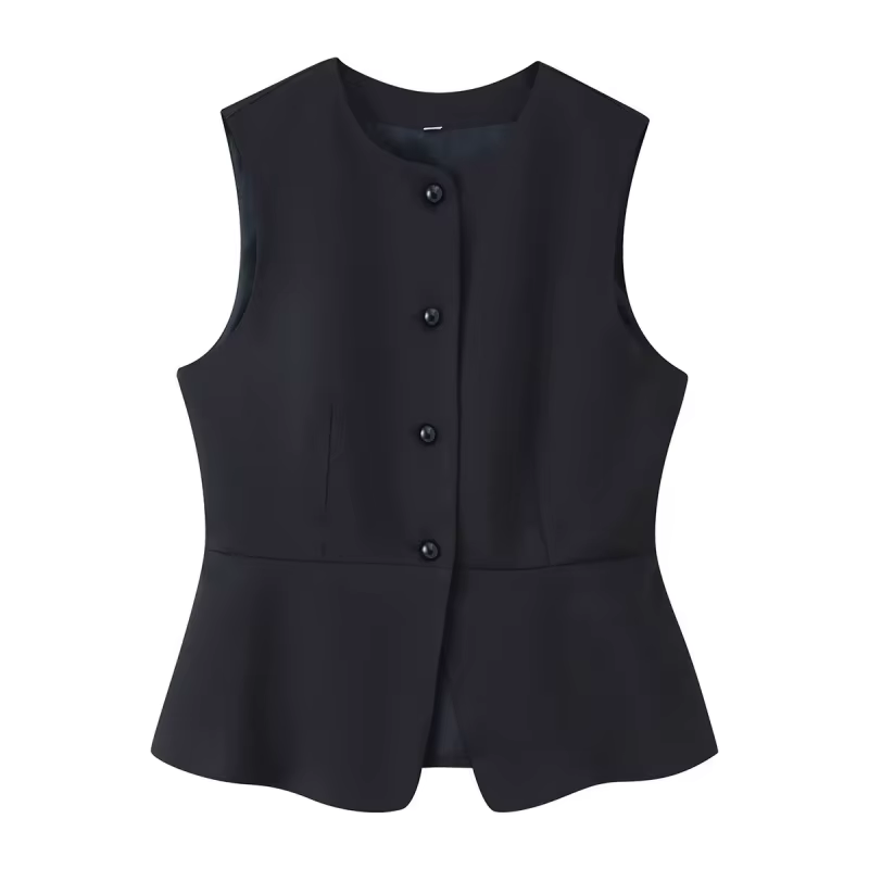 ETJ automne 2025 femmes élégant mode couleur unie col rond gilet tempérament polyvalent bouton up
