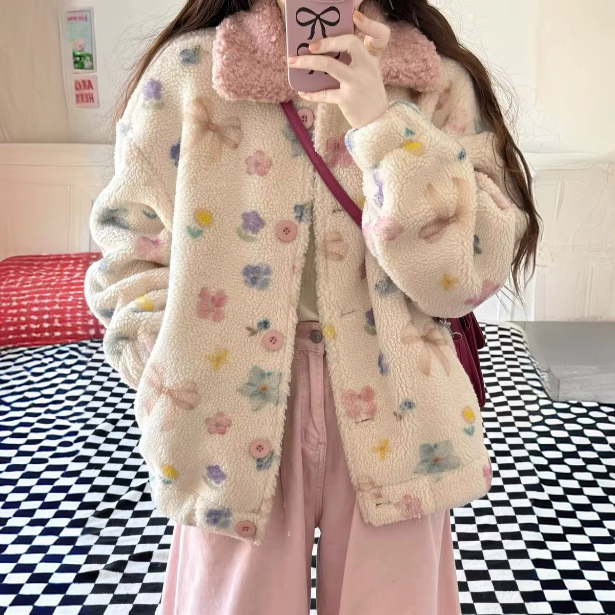 Manteau en laine d'agneau à fleurs colorées pour les étudiantes, veste en coton à col document, nouveau style pour les abonnés, automne et hiver