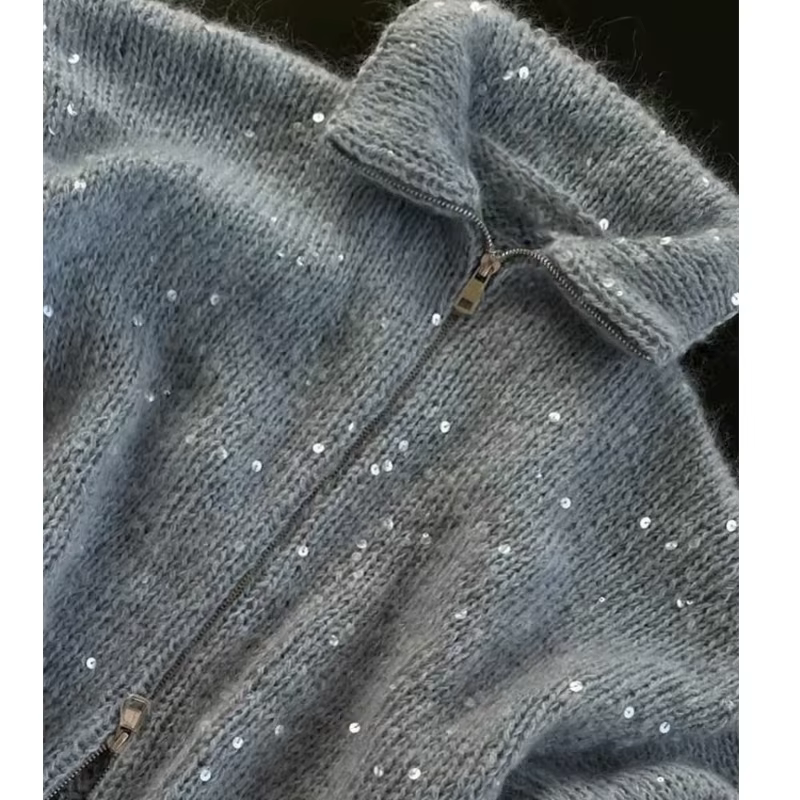 Pull Pailletté Élégant Automne Hiver Femme Style Y2K Occasions Spéciales Tricot Polyester Coton Col Montant Manches Longues