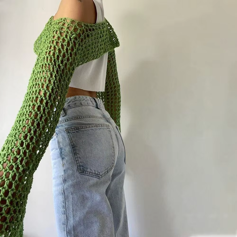 Y2K manches haussement d'épaules pull fibres acryliques douces femmes Crochet haut court