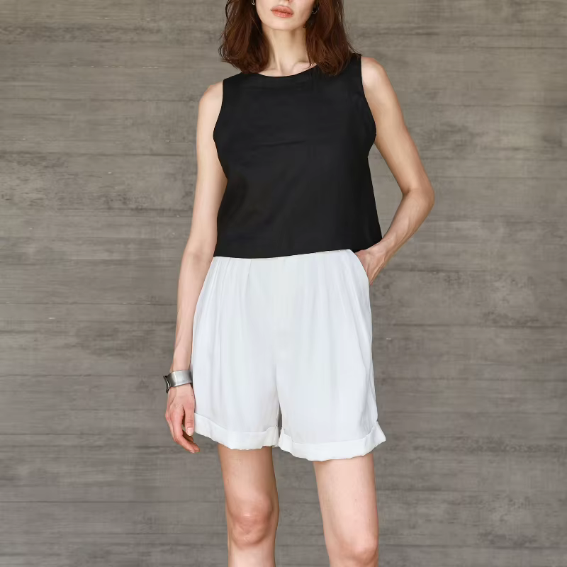 Gilet en lin premium, double face, coupe courte, style décontracté, sans manches, pour femme