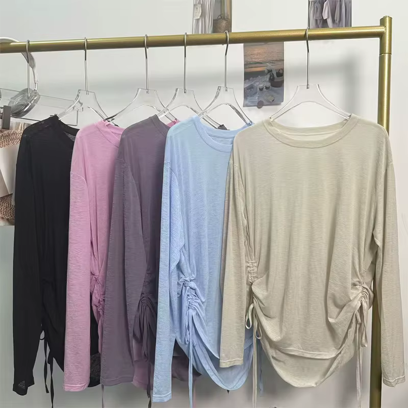 Chemise de Yoga à manches longues pour femmes, tunique ample avec cordon de serrage, vêtements d'extérieur respirants à col rond pour salle de sport