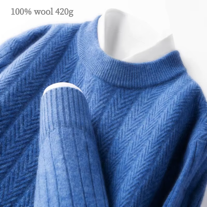 Pull 100% laine de haute qualité pour hommes, pull d'affaires décontracté à col rond, chaud et doux, 420g