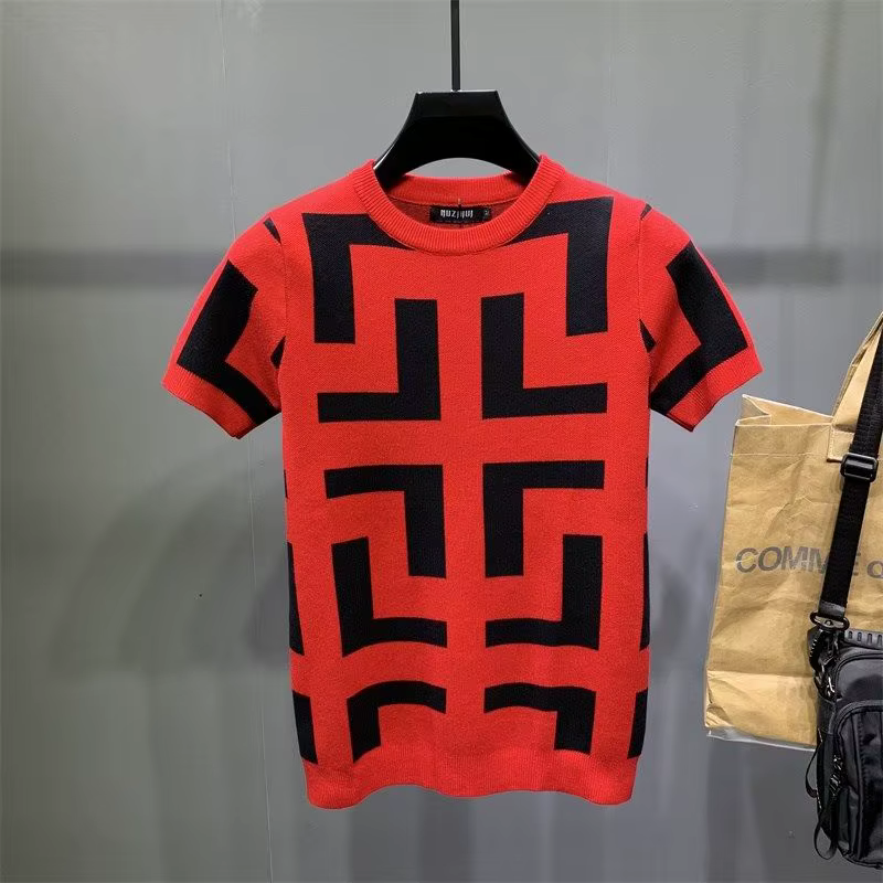 Pull à manches courtes pour hommes, Slim, grande taille, Jacquard, demi-manches, extensible, beau, à demi-manches
