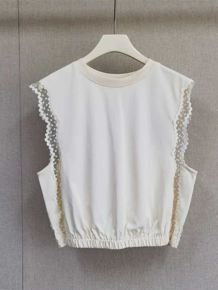 T-shirt sans manches en maille à bordure dentelle pour femme, col rond cintré, collection été 2026