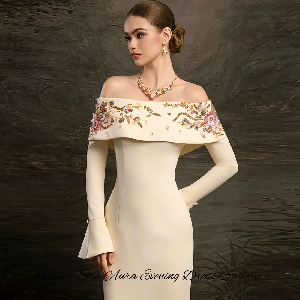 Robe de soirée sirène élégante à col bateau et manches longues en jersey, avec appliques personnalisées, pour soirée de remise de diplôme - Vestido De Festa