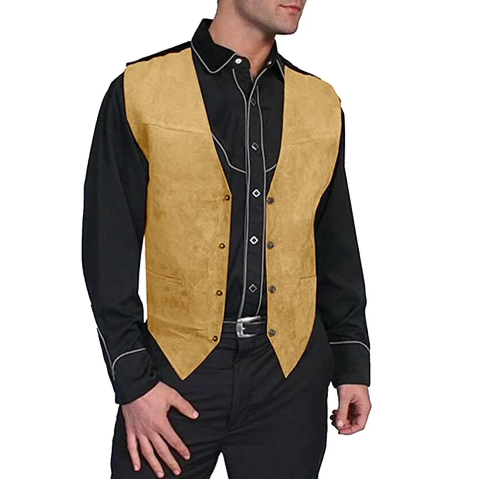 Gilet en cuir pour homme, col en V, simple boutonnage, style western, sans manches, pour motard, club, chopper