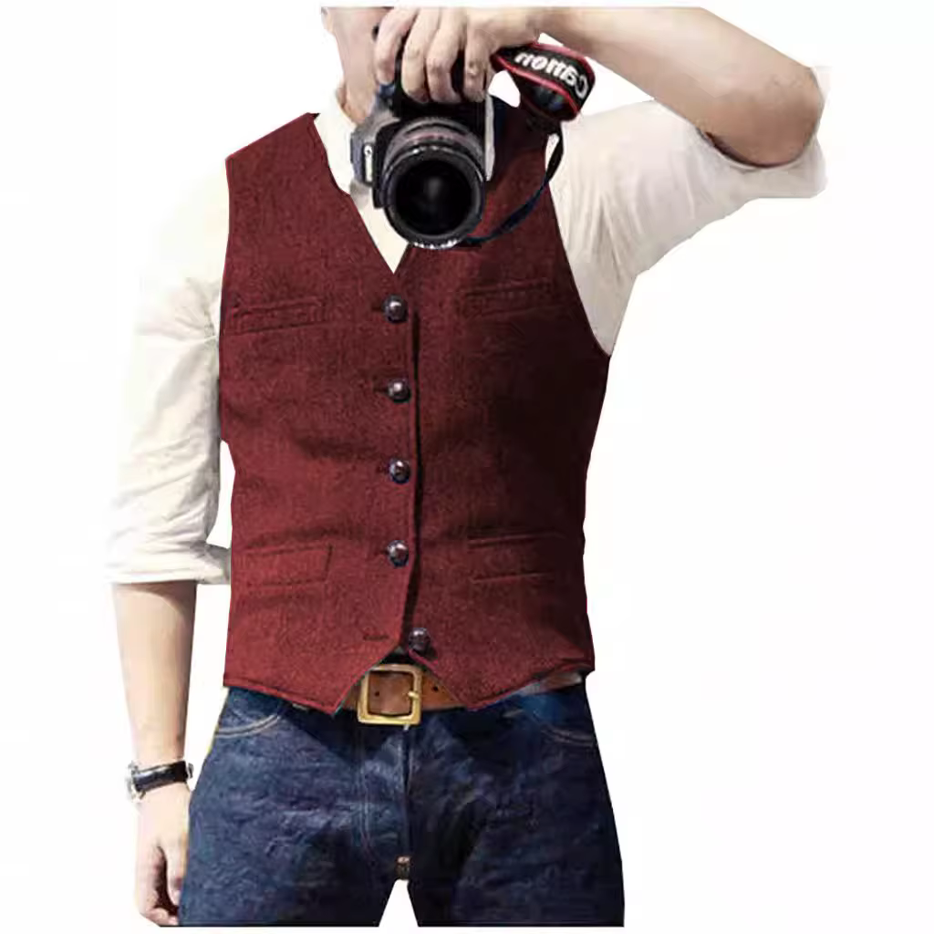 Gilet de costume pour hommes, col en V, décontracté, classique, formel, Business, en Tweed à chevrons, Slim Fit, pour garçons d'honneur de mariage