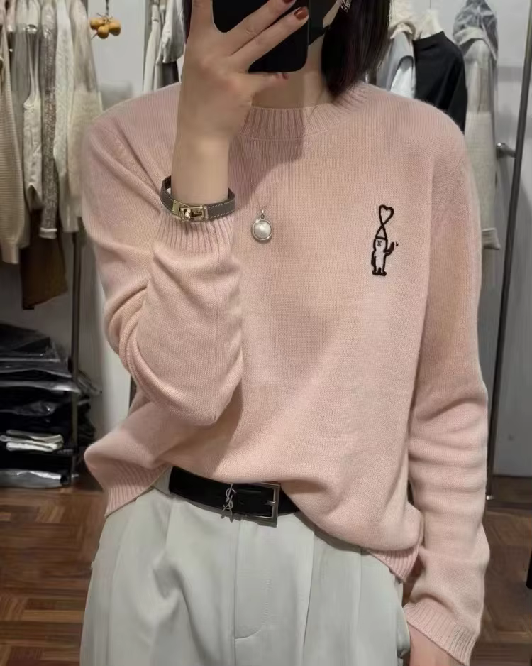 Pull en cachemire à manches longues et col rond pour femmes, élégant pull brodé, automne et hiver, idéal pour bureau et occasions spéciales