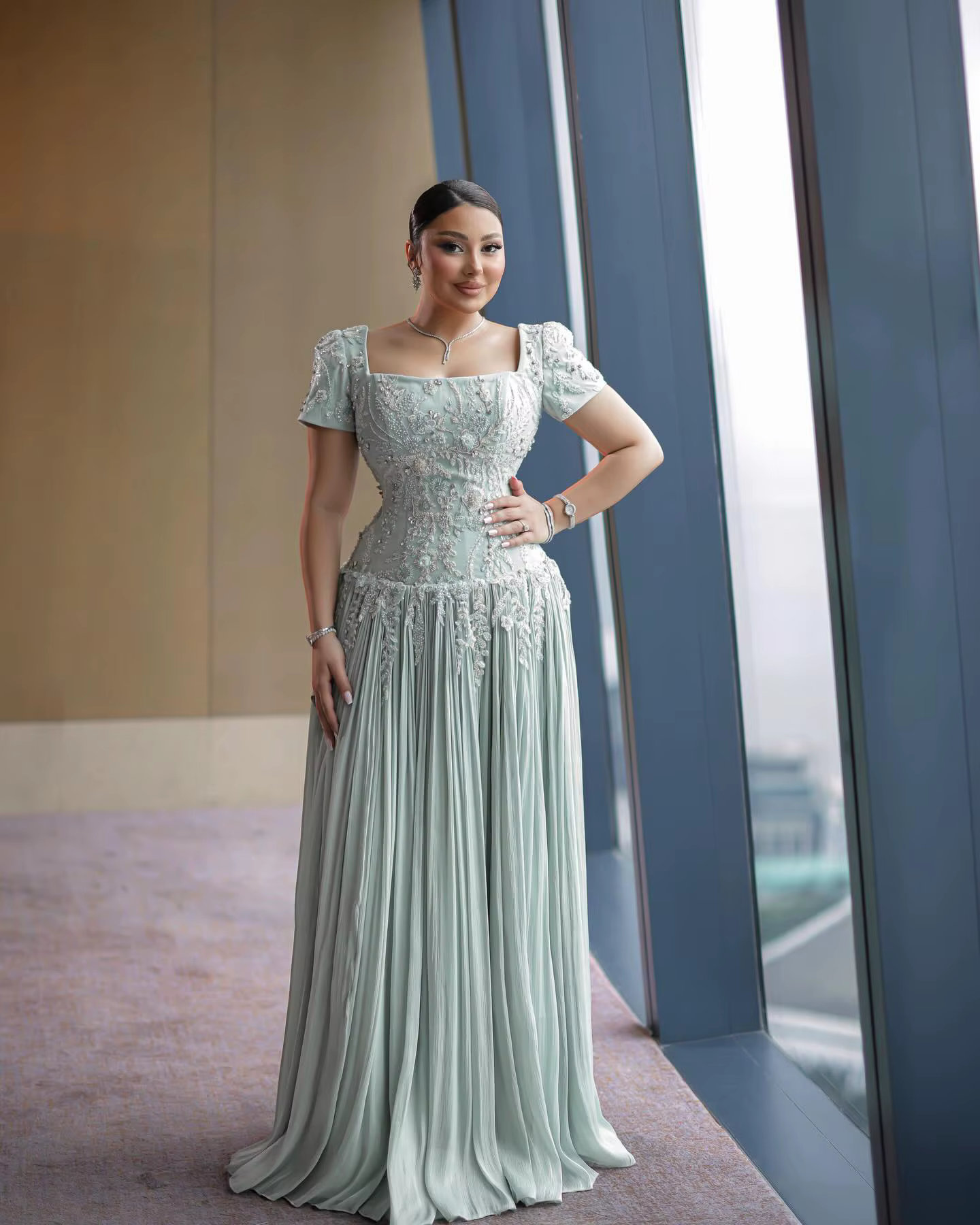 Robe de soirée à col carré et manches courtes, broderie en dentelle 3D perlée, plissée en mousseline, longue robe de soirée formelle, robe pour invitée de mariage