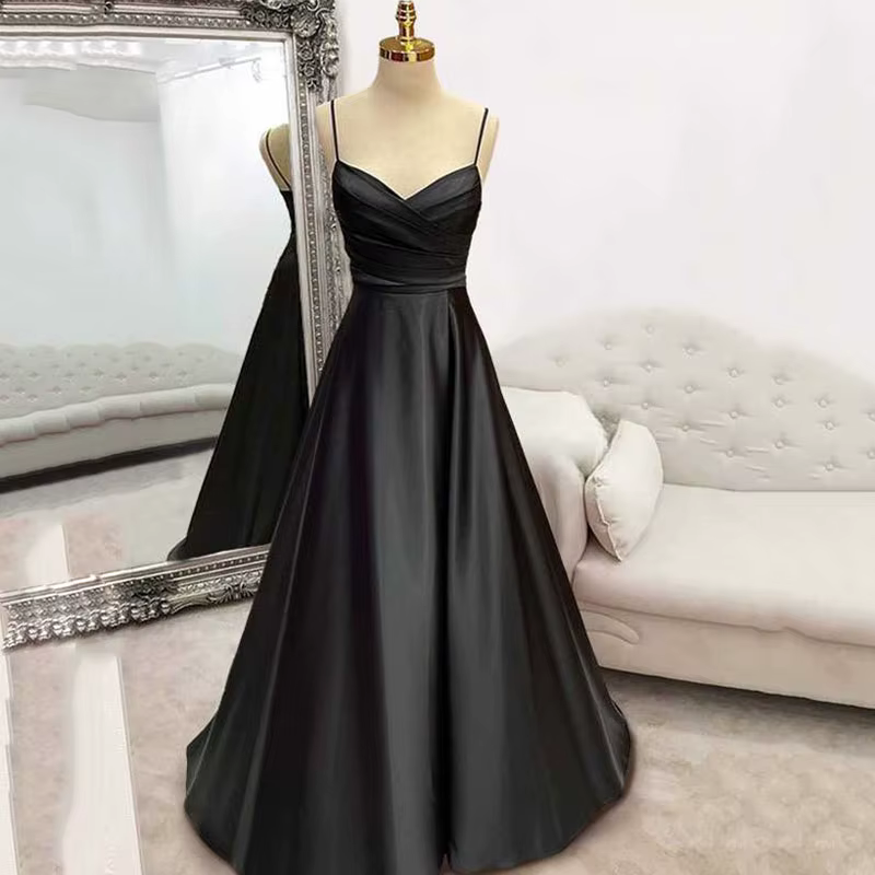 Robe formelle noire ligne A, col en V, robe de soirée plissée pour mariage, bretelles Spaghetti, robes d'occasion spéciale, personnalisée e