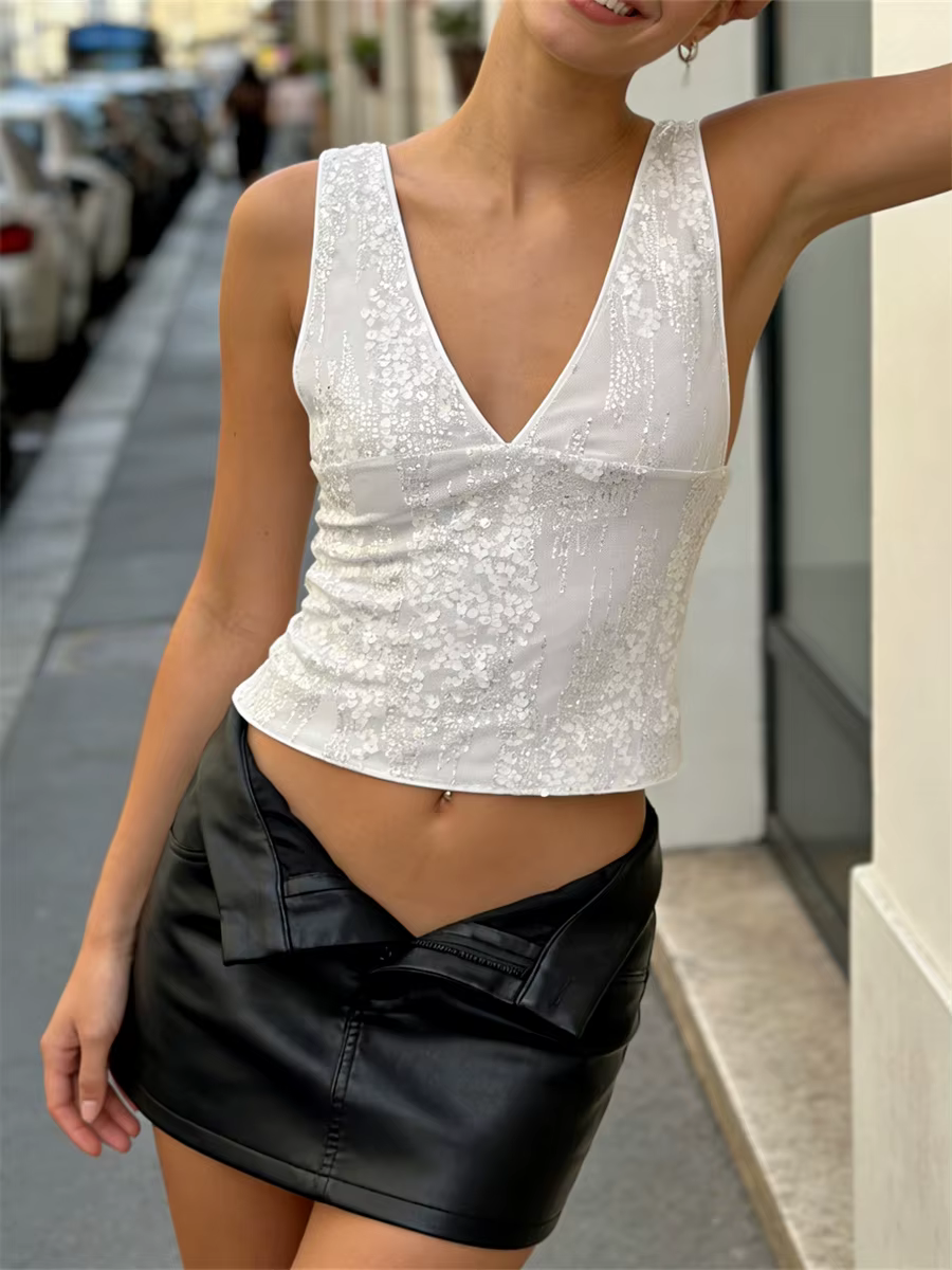 Femmes paillettes gilet sans manches col en V dos nu débardeurs Sexy rétro chemises été
