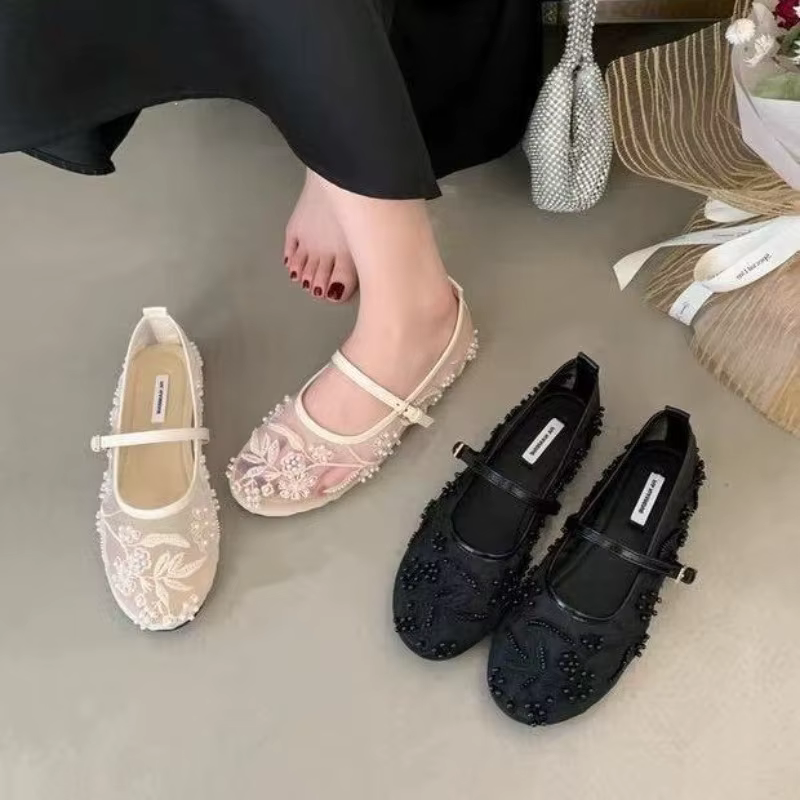 Chaussures plates pour femmes, style ballerines Mary Jane, avec broderie en maille et perles, boucle tendance, respirantes, confortables, à talon bas et semelle souple