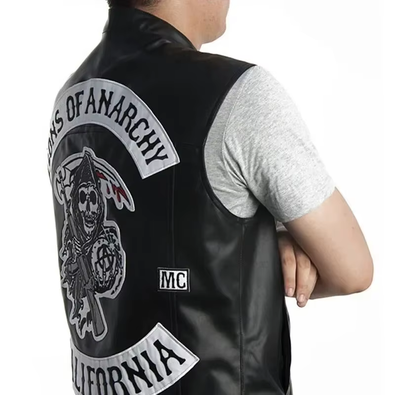 Gilet en cuir pour hommes, Costume de Cosplay de moto, veste sans manches, Sons An broderie Rock Punk, gilet en PU, col en V ukh