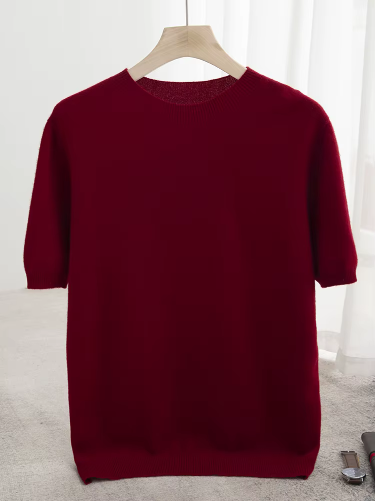 T-shirt classique pour homme, pull 100% laine mérinos, col rond, manches courtes, vêtements décontractés élégants, vêtements basiques, tricot en cachemire