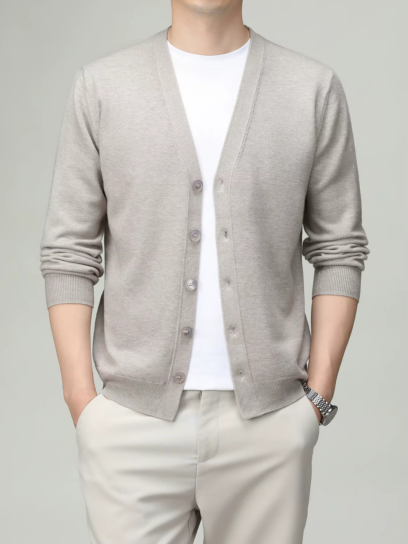 Cardigan Classique Tricoté pour Homme – Printemps/Automne – Couleur Unie avec Boutons – Idéal pour Tenues Décontractées ou Professionnelles – Haut Élégant