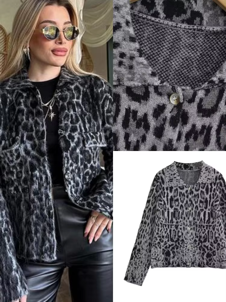 Cardigan en tricot pelucheux imprimé léopard pour femme