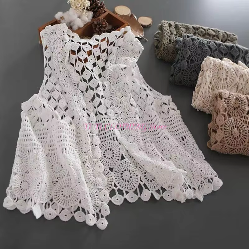 Gilet cardigan court sans manches en crochet pour femme