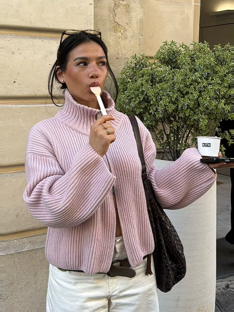 Cardigan en tricot à panneaux avec fermeture éclair pour femmes