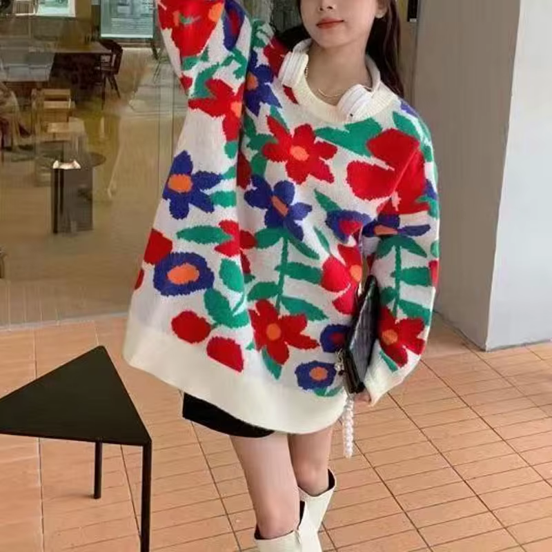 Pulls à manches longues College de fleurs douces pour femmes, pulls épissés à col rond, vêtements d'automne et d'hiver, mode décontractée