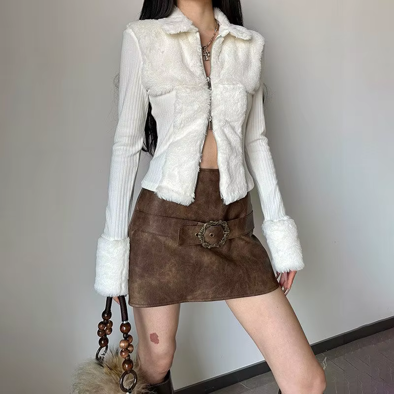 Pull en tricot blanc moelleux à col polo avec fermeture éclair bidirectionnelle