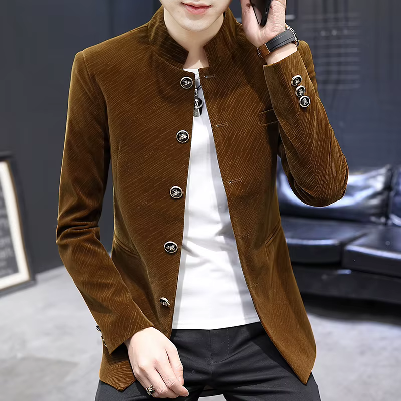 Veste de costume en velours rétro de luxe pour hommes, mode Slim Fit col montant, Blazer Masculino décontracté, vêtements de cérémonie, manteau