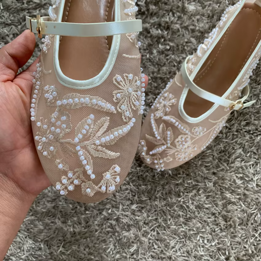 Maille broderie chaîne perle conception femmes ballerines mode boucle respirant Mary Jane chaussure confort talon bas doux plat sandale
