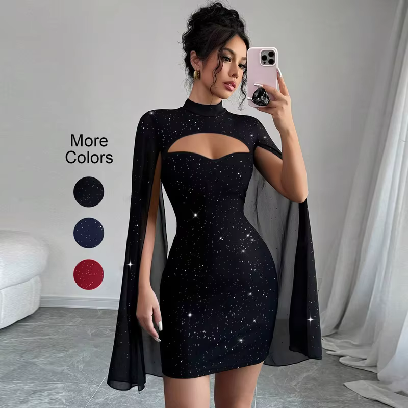 Robes pour femmes nouveau à manches longues col montant femmes robe mince noir paquet hanche robe femmes robes De Verano Mujer 2025 Q497