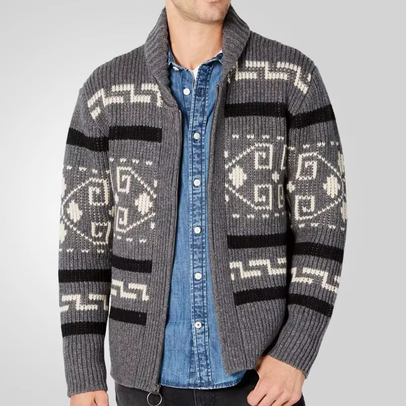 Cardigan tricoté pour hommes, manteau à fermeture éclair, manches longues, col rabattu, imprimé, épais, Slim Fit, point ouvert, automne hiver
