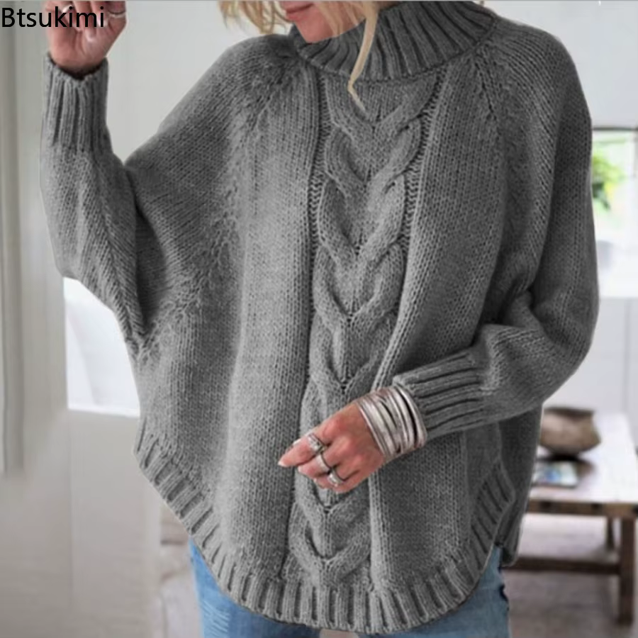 Pull-over col roulé décontracté pour femme 2026 – Basiques tricotés amples à manches chauve-souris pour l'automne et
