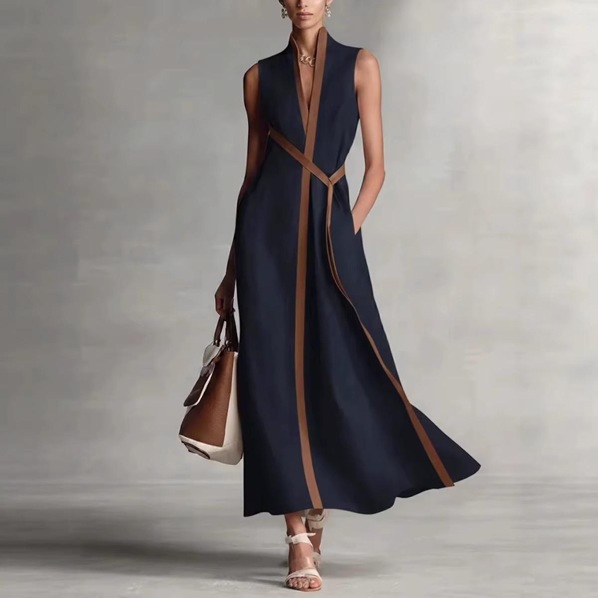 Robe en lin color block pour femme, col montant, sans manches, en coton, tenue longue printemps-été